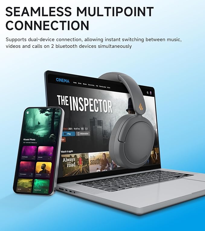 Edifier W800BT Pro Hybrid Active Noise Cancelling Headphones - Hi-Res Audio - AI Call Noise Cancellation - 45H Playtime - Fast Charging - Foldable - Wireless Over-Ear Bluetooth 5.4 Headphones - Gray