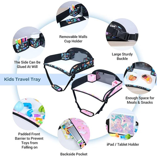 COOLBEBE Kids Travel Tray for Toddler Car Seat, 2PCS Travel Tray for Airplane, Toddler Car Seat Lap Tray, Carseat Table Tray for Kids Travel Activities(Dinosaur & Pink Unicorn)