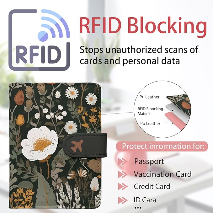 Passport Holder, Travel Wallet Cover with Pen Loop | Cute RFID Blocking Leather Case with Magnetic Closure for Travel Essentials-flower