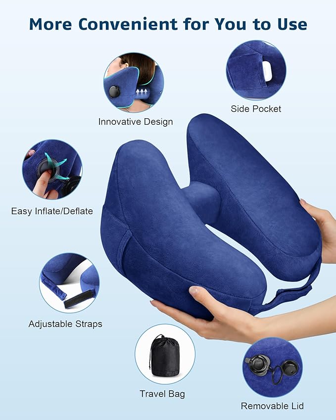 Travel Pillow Inflatable Neck Pillow Airplane Pillow with Velvet Cover Inflatable Pillow for Car/Train/Plane (Blue, M)