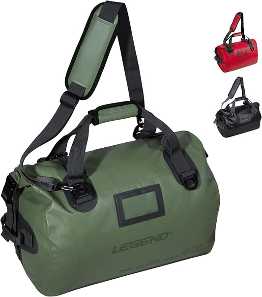LEGEND Waterproof Duffel Bag - Heavy Duty Duffle Bag for Outdoor, Camping, Boating & Travel, Premium PVC Dry Duffel Bag, Motorcycle Dry Bag with Durable Strap & Handles with Large Storage - 40L Green