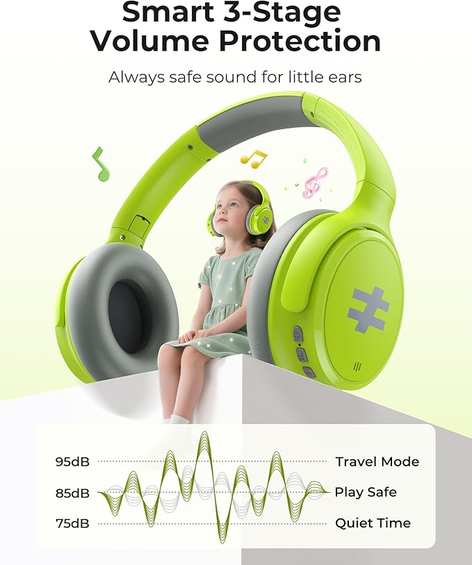 seenda Kids Wireless Active Noise Cancelling Headphones, 60H Playtime, Safe Volume (74/85/94dB), Bluetooth 5.4, Type-C Foldable Headphones with Mic for School, iPad, Airplane, Travel, Green