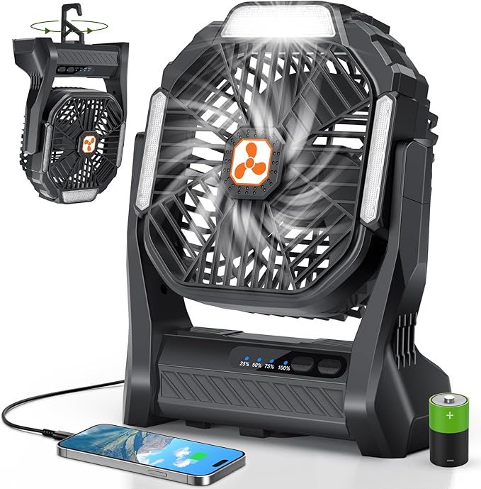 Portable Rechargeable Fan, 20000mAh Cordless Battery Powered Camping Tent Fans with SOS & LED Lantern, Small USB C Operated Outdoor Ventilador for Travel Camp Fishing Bedroom Power Outage Emergency