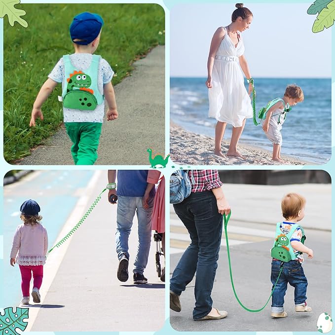 3 in 1 Toddler Harness Leash + 8.2ft Anti Lost Wrist Link, Cute Dinosaur Kids Safety Harness Tether with Key Lock, Child Protective Leashes While Walking for Outdoor Activity Keep Kids Close