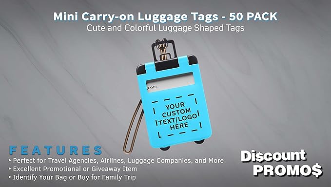 50 Mini Carry-on Luggage Tags Pack - Customizable Text, Logo - Flip Open Cover, ID Sticker - Light Blue
