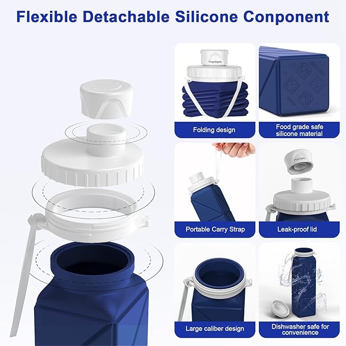 Collapsible Water Bottles 20.6oz Silicone Foldable Leakproof BPA Free Reusable Lightweight Portable Sport Water Bottles For Travel Camping Hiking Outdoor Indoor Detachable for Dishwasher