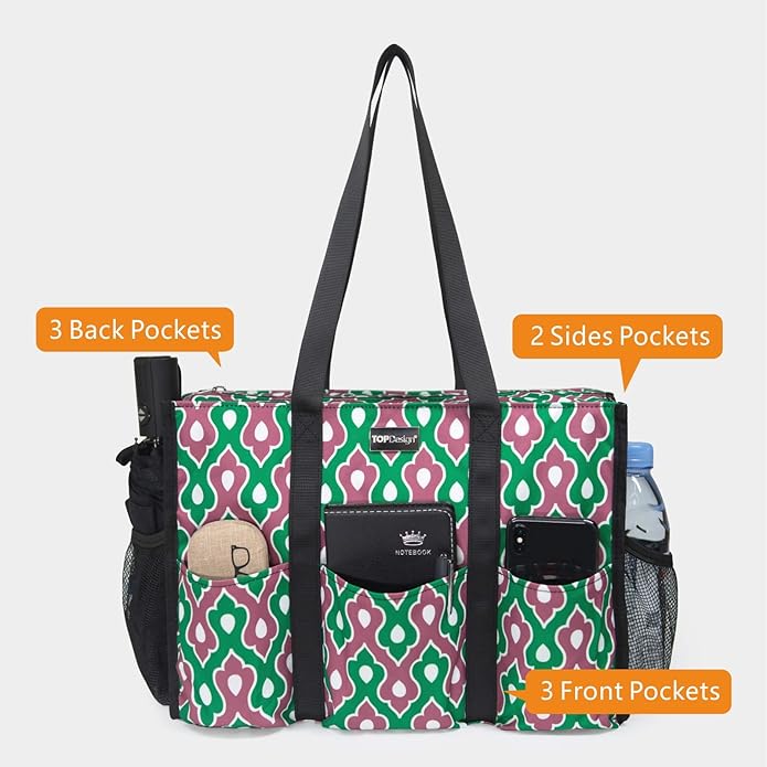 TOPDesign Utility Water Resistant Tote Bag with 13 Pockets, Top Zipper Closure & Thick Bottom Support, for Working Women