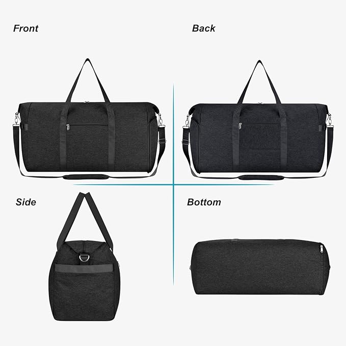 Felipe Varela 65L Duffle Bag with Shoes Compartment, Foldable Carry on Bag Travel Duffel Bags Overnight weekender Gym Bag with Wet Pocket for Women Men(Black)