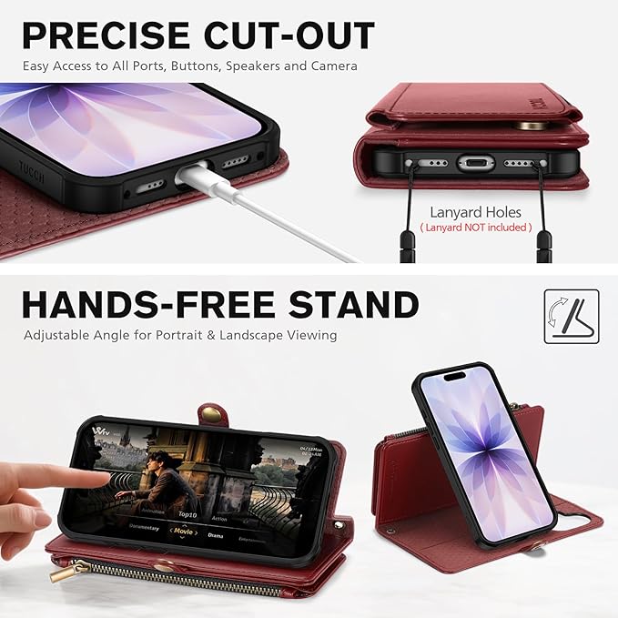 TUCCH Detachable Crossbody Case Wallet for iPhone 17 (6.3"), Wireless Charging | RFID Blocking 9 Card Holders | Lanyard | Wrist Strap | Stand | Zipper Pocket | PU Leather | Magnetic Cover | Dark Red