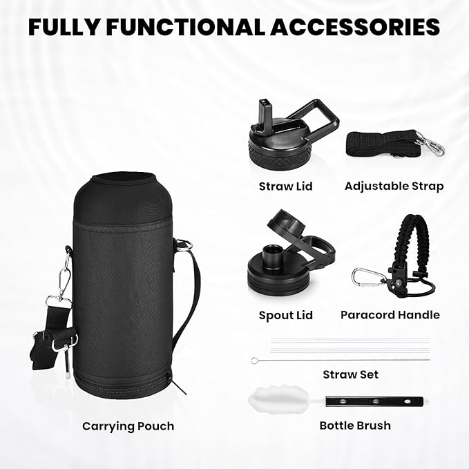 Insulated Water Bottle 32 oz, Triple Wall Vacuum Stainless Steel (Cold for 48 Hrs), Leak Proof & Non-BPA, Modern Water Flask Jug with Paracord Handle & Straw Spout Lids, Magic Black