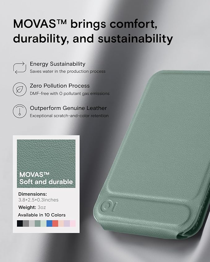 MOFT Phone Stand, Magnetic Phone Tripod Stand Stain-Resistant MOVAS Leather & Angle Adjustment & Strong Magnets Tripod for iPhone 17/16/15/14/13/12 (Included Metal Ring)-Seafoam