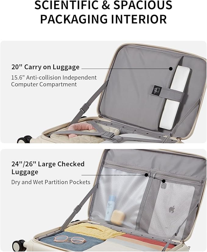 aji Expandable Top Open 24 Inch Checked Luggage with Spinner Wheels, Large Suitcase with TSA Lock, Hardside Travel Luggage Suitcases for Men Women, for 14+Days Travel, Coconut White