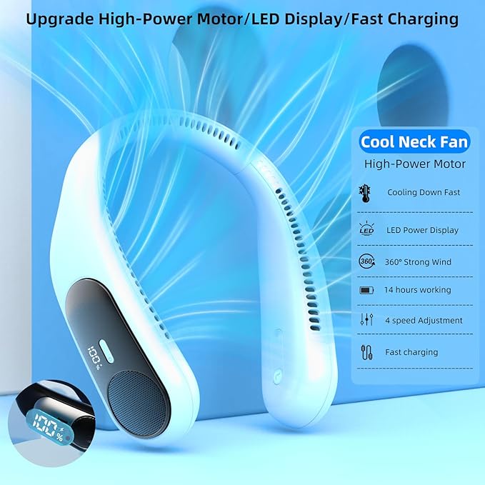 Portable Neck Fan,Personal Wearable Bladeless Fan,LED Display,4-Speeds,6000mAh USB Rechargeable,360° Strong Cooling Wind,Hands Free,Long Lasting,Birthday Gifts for Men Women Dad Mom (Light blue)