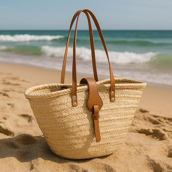 FRENCH BASKET Straw Beach Tote Bag with Leather Handles, Canvas Pouch & Zip Closure, Moroccan Market Basket for Summer