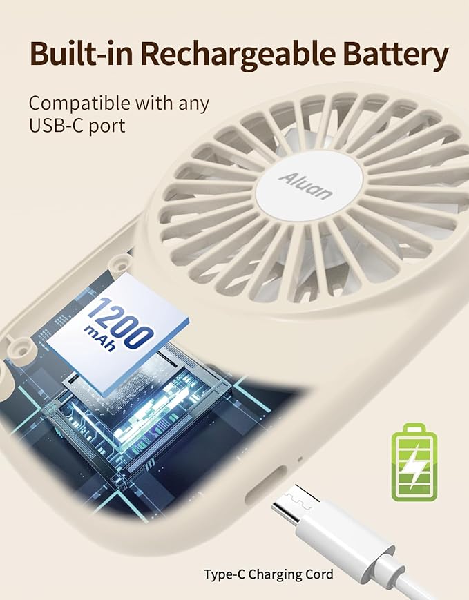 Aluan Handheld Mini Fan Powerful Small Personal Portable Speed Adjustable USB Rechargeable Eyelash Fan for Kids Girls Boys Woman Man Home Office Outdoor Travel, Beige