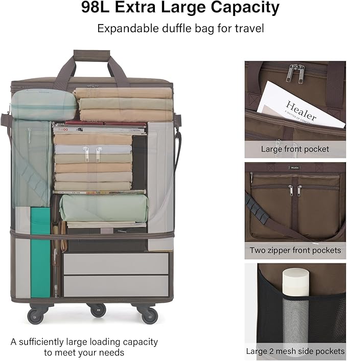 MILADA Expandable Luggage Bags for Travel Foldable Suitcase with Wheels Collapsible Rolling Travel Duffle Bag Lightweight Large Suitcases without Telescoping Handle, Coffee