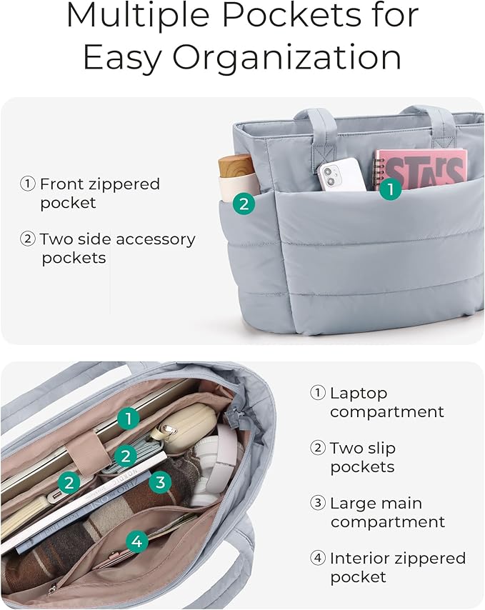 BAGSMART Tote Bag for Women, Lightweight Puffy Tote Bag with Compartments Shoulder Bag Handbag for Travel, Work, Gym