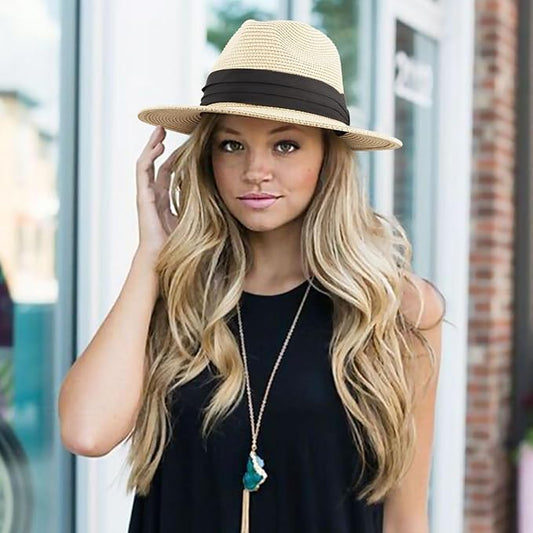DRESHOW Women Straw Panama Hat Travel Fedora Beach Sun Hat Summer Wide Brim Straw Roll up Hat UPF 50+