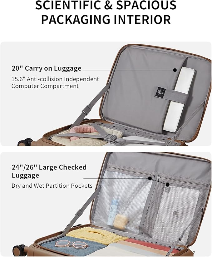 aji Expandable Top Opening 24 Inch Checked Luggage with Spinner Wheels, Large Suitcase with TSA Lock, Hard Shell Travel luggage Suitcases for Men Women, for 12+Days Travel, Chocolate Brown