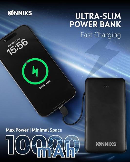 Portable Charger with Built in Cable - 10000mAh Ultra-Slim Portable Charger Power Bank with USB-C Cable, Lightning Cable - Fast Charge 20W - LED Battery Indicator, Power Bank (Black, 10.000mAh)