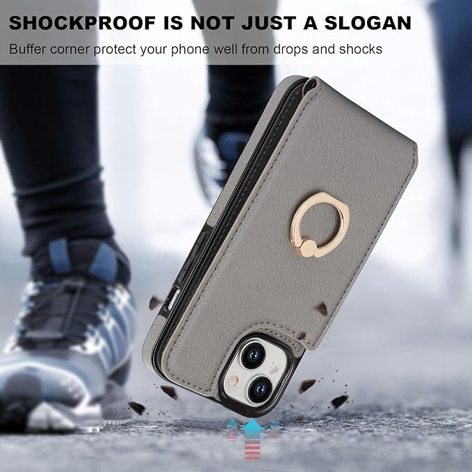 Folosu Compatible with iPhone 15 Case Wallet with Card Holder, 360°Rotation Finger Ring Holder Kickstand, RFID Blocking Leather Protective Double Buttons Shockproof Cover 6.1 Inch Gray