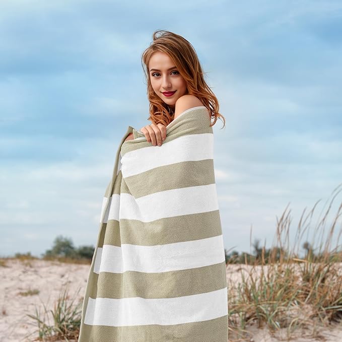 Cotton Oversized Beach Towel - 40 x70 Inch Extra Large Striped Pool Towel, Big Soft Terry Cloth Beige Cabana Swim Towel