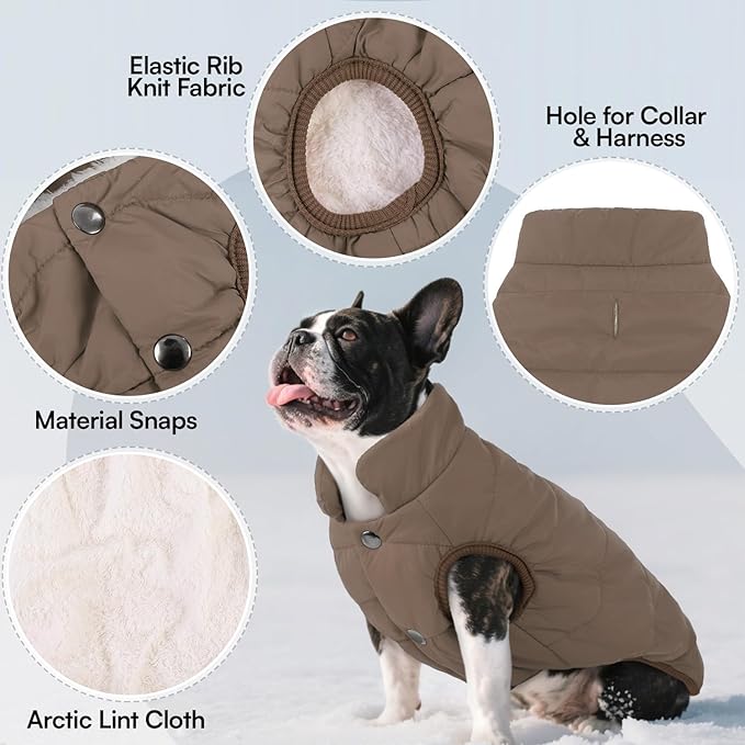ASENKU Dog Winter Coat - Waterproof Windproof Dog Jacket, Warm Snowproof Doggie Puffer Vest for Cold Weather, Lightweight Snow Coats for Small Medium Large Dogs (XS, Coffee)