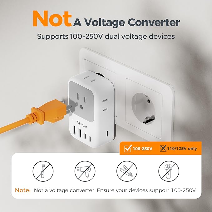 European Travel Plug Adapter 28W, TESSAN US to Europe Plug Adapter with 4 Outlets 5 USB Ports (3 USB C), Type C Power Adaptor for USA to EU Euro Italy Spain France Iceland Germany Greece Portugal