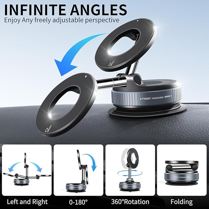 Vacuum Suction Magnetic Phone Holder, 2025 Upgraded Foldable Retractable Suction Cup Car Phone Mount for Magsafe, 360° Adjustable Magnetic Phone Stand for Cars/Gyms/Mirrors/Smooth Surface