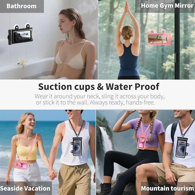 XL Waterproof Phone Pouch iPhone &Shower Phone Holder Waterproof with 2 Suction Cups,Water Phone Protector Pouch with Adjustable Lanyard,Floating Phone Case for iPhone 16 15 14 ProMax (Black)