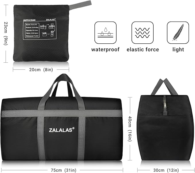 Foldable Duffle Bag, 96L Extra Large Travel Duffel bag Lightweight Weekender Bag for Men Women Water-proof & Tear Resistant,Black