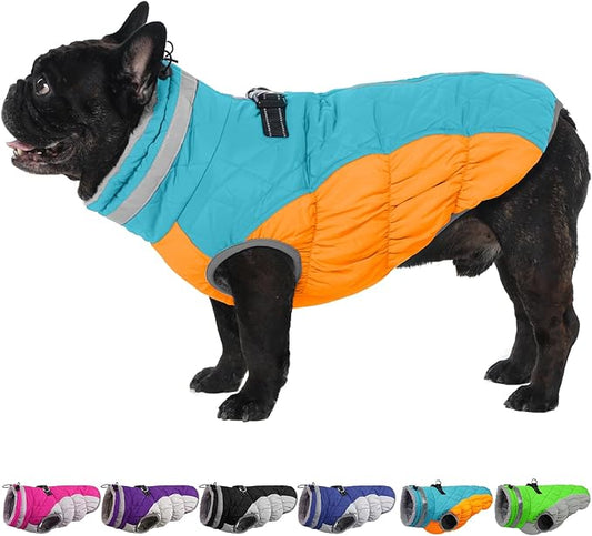 OUOBOB Warm Dog Jackets for Large Dogs, Waterproof Dog Coat with Harness Built in, Zipper Clousure, Fleece Lining for Cold Weather Outdoor Walks, Pet Snowsuit for Shiba Inu, French Bulldog - L