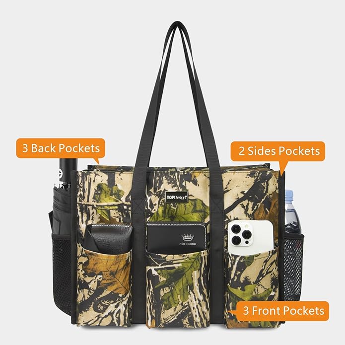 TOPDesign Utility Water Resistant Tote Bag with 13 Pockets, Top Zipper Closure & Thick Bottom Support, for Working Women