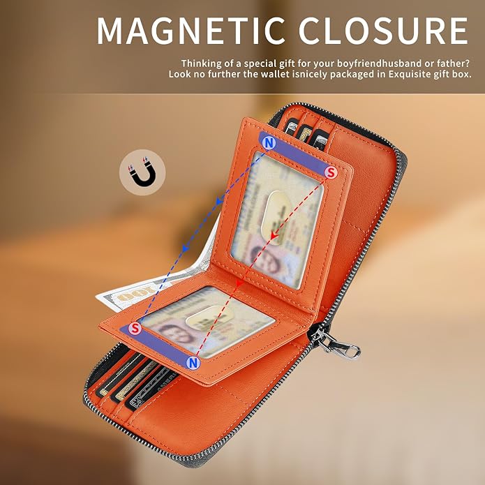 Men’s RFID Blocking Zipper Wallet with 2 ID Windows - Large Capacity Design, 13 Credit Card Slots