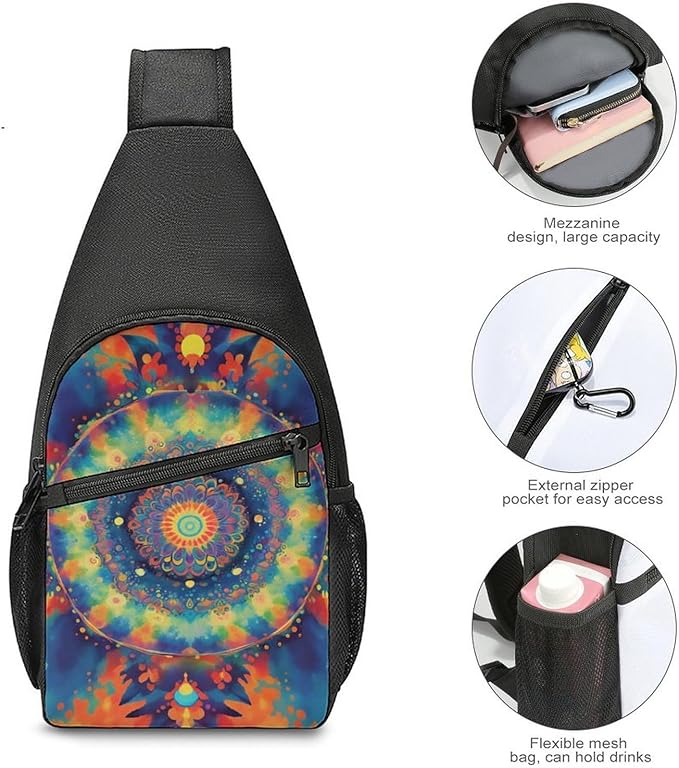 SWEET TANG Sling Bag for Men Women, Comfortable Crossbody Backpack, Trippy Tie Dye Mandala Colorful, Anti Theft Sling Shoulder Chest Bag Daypack, Fashion Travel Gym Sack Rucksack