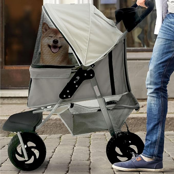 Critter Sitters 4-Wheel Dog Stroller for Medium or Large Sized Dogs & Cats with Scratch Resistant Breathable Mesh Windows and Safety Leash, Storage Basket, Cup Holders, Lockable Wheels, Light Grey