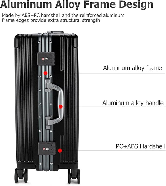 feilario 24in Aluminium Frame PC Hard Shell Spinner Wheels Luggage, Built-In TSA lock Carry on Suitcase, with Cup Holder, USB Port, Phone Holder