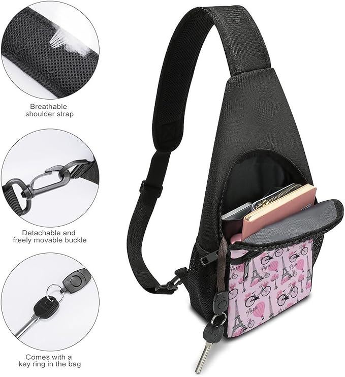 SWEET TANG Lightweight Sling Shoulder Backpack, Adjustable Gym Bags Pink Paris Eiffel Tower, Large Capacity Chest Cross Body Bag Daypack, Outdoor Multipurpose Bag