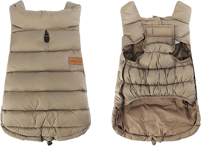 SPACE LION Dog Puffer Jacket, Down Winter Coat, Durable Outdoor Coat for Cold and Windy Conditions, Lightweight & Adjustable Fit Coats for Small Dogs, (Khaki, Size8/XS)