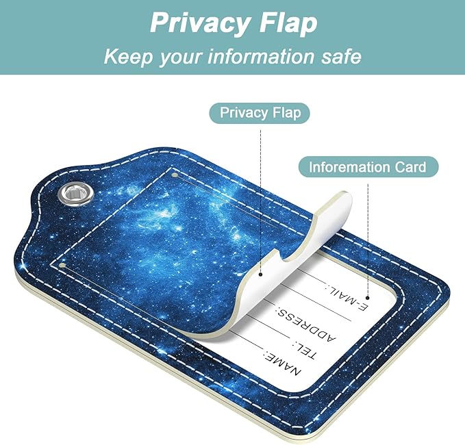Rimilak 3 Pcs PU Leather Luggage Tags for Suitcase, Travel Cruise Luggage Tag with Privacy Flap, Name ID Label and Metal Loop for Women Men Baggage Handbag School Bag Backpack, Galaxy