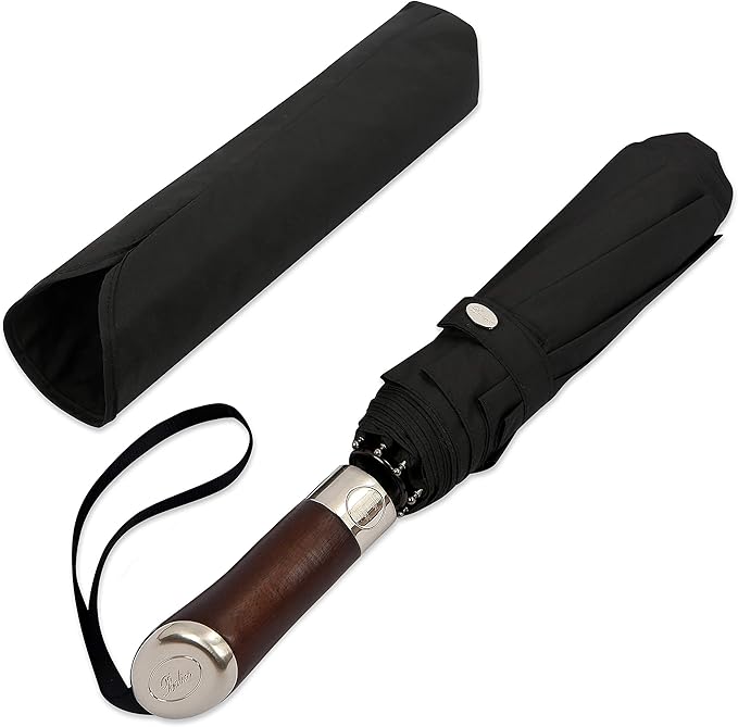 Balios (Designed in UK) Travel Umbrella Luxurious Golden Hardwood Handle Auto Open & Close Windproof Frame Single Canopy Automatic Folding Umbrella Men's & Ladies