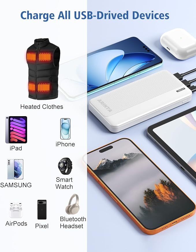 5V 2A Battery Pack Power Bank for Heated Vest, Heated Jackets, Heated Pants, 10000mAh Pocket Size Portable Charger for Heated Clothing, USB Heated Blankets, Heated Coats. (White)