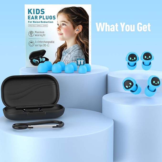 2 Pairs Kids Ear Plugs for 5-12 Yr, 27 dB Noise Reduction Extra Small Earplugs, Ear Plugs for Kids for Noise Sensitivity, Socializing, Sleep, Focus, 4 Sizes Ear Tips in XS-L (2X Blue)