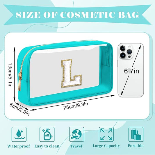 Personalized Initial Letter Clear Makeup Bag,Preppy Small Nylon&PVC Cosmetic Zipper Bag with Chenille Letter,Portable Beach Travel Skincare Toiletry Bag,Trendy Monogram Gift for Teen Girls Women,L