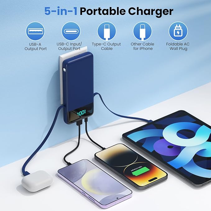 Portable Charger for iPhone with Built in Cables and Wall Plug,Upgraded 13800mAh Fast Charging USB C Power Bank,4 Outputs Travel Essential Battery Pack Compatible with iPhone 17/16/15/14,Samsung-Blue