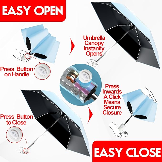 Automatic Mini Travel Windproof Folding Umbrella - UV Protection, Instant Open/Close for Rain/Sun, Small Compact Lightweight Design Fits in Tote Bag/Travel Case/Backpack for Commute, Women & Men