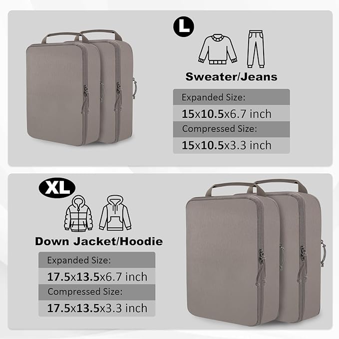 Extra Large Compression Packing Cubes for Travel Essentials, 2 Set Expandable Travel Cubes for Packing Compression Bags Luggage Suitcase Organizer, Khaki