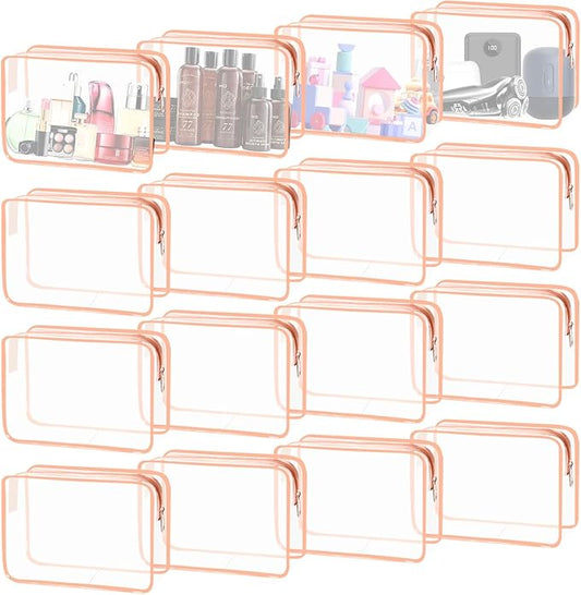 16 Pieces Clear Cosmetic Bags, Large Transparent Makeup Bags, TSA Approved Toiletry Bag for Travel, PVC Waterproof Clear Pouch with Zipper Make Up Bag for Women and Men Traveling (Rose Pink-L)