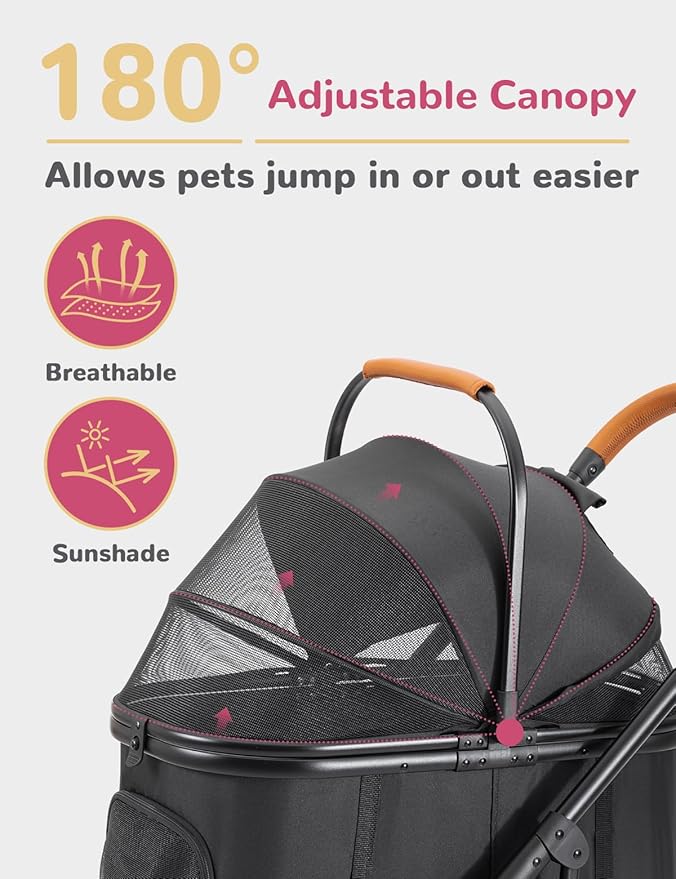 Dog Stroller for Small Medium Dogs Up to 60lbs, 4 Wheels Folding Pet Stroller with Detachable Carrier, Pet Travel Carrier for 2 Dogs & Cats, Storage Basket, Breathable Mesh, Cup Holder, Black