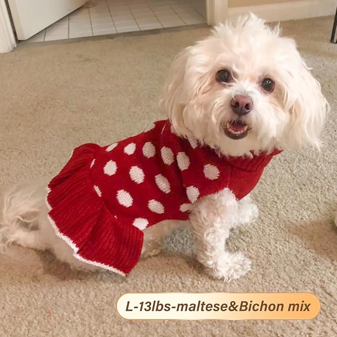 KYEESE Dog Sweater Dress with Leash Hole Polka Dot Turtleneck for Girl Dogs Sweaters Red Knit Pullover with Pom Pom Ball